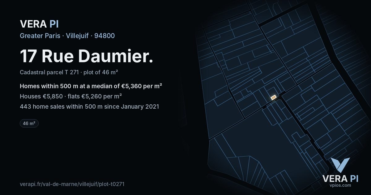 17 Rue Daumier, Villejuif at night – the plot lit, the parcels around coloured by the prices near them