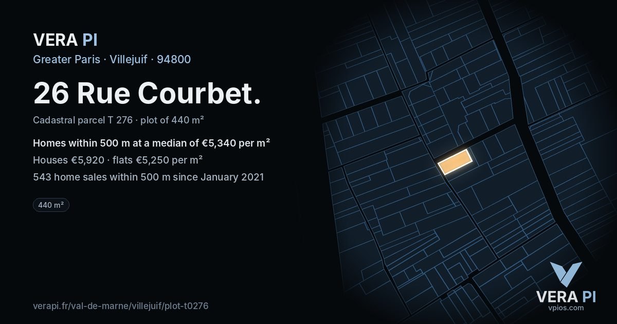 26 Rue Courbet, Villejuif at night – the plot lit, the parcels around coloured by the prices near them