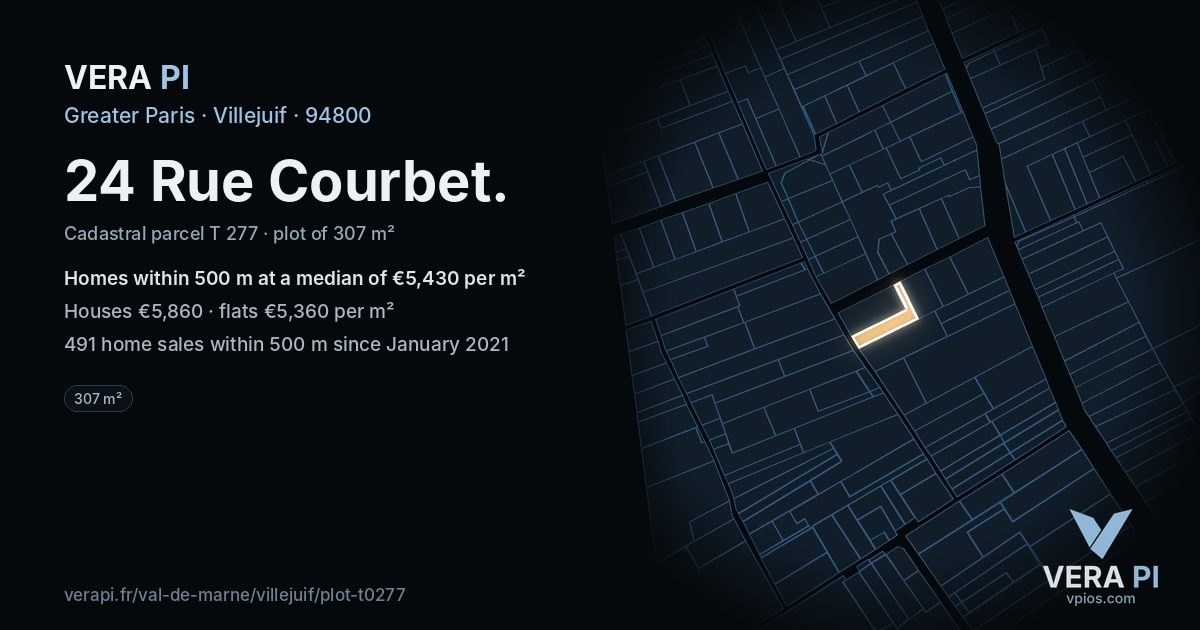 24 Rue Courbet, Villejuif at night – the plot lit, the parcels around coloured by the prices near them