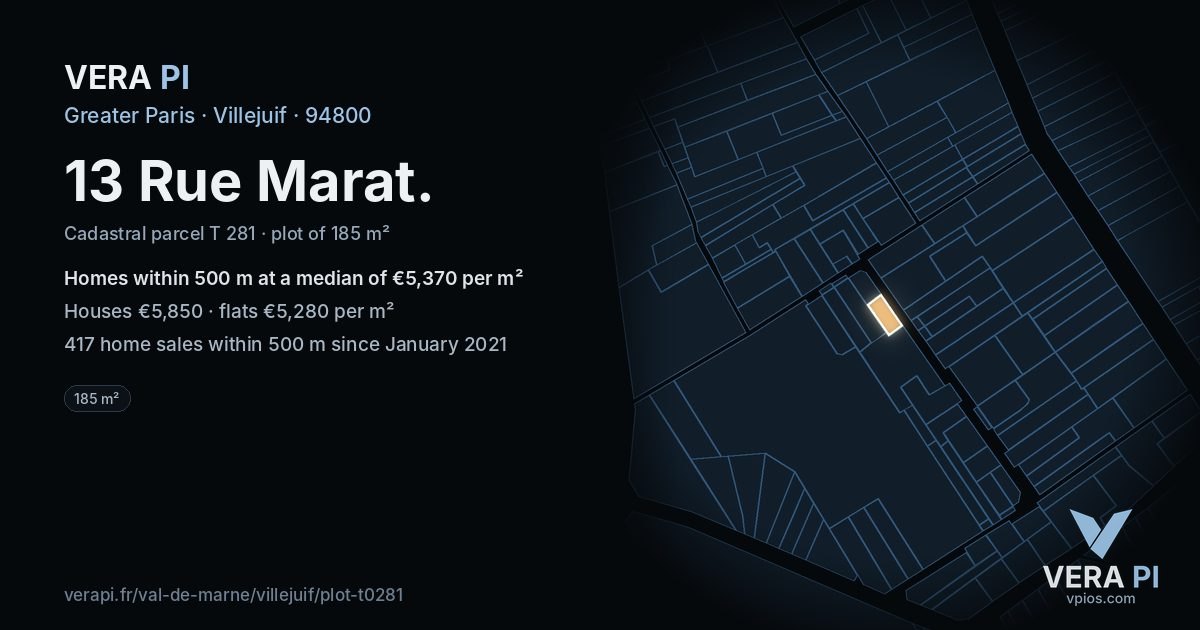 13 Rue Marat, Villejuif at night – the plot lit, the parcels around coloured by the prices near them