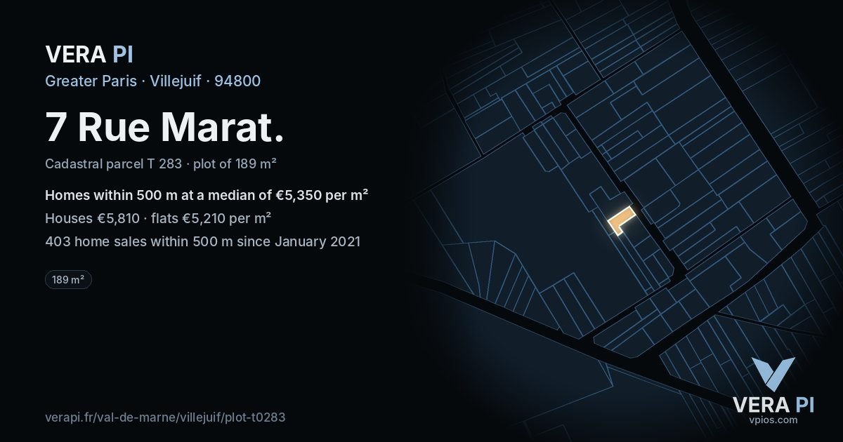 7 Rue Marat, Villejuif at night – the plot lit, the parcels around coloured by the prices near them