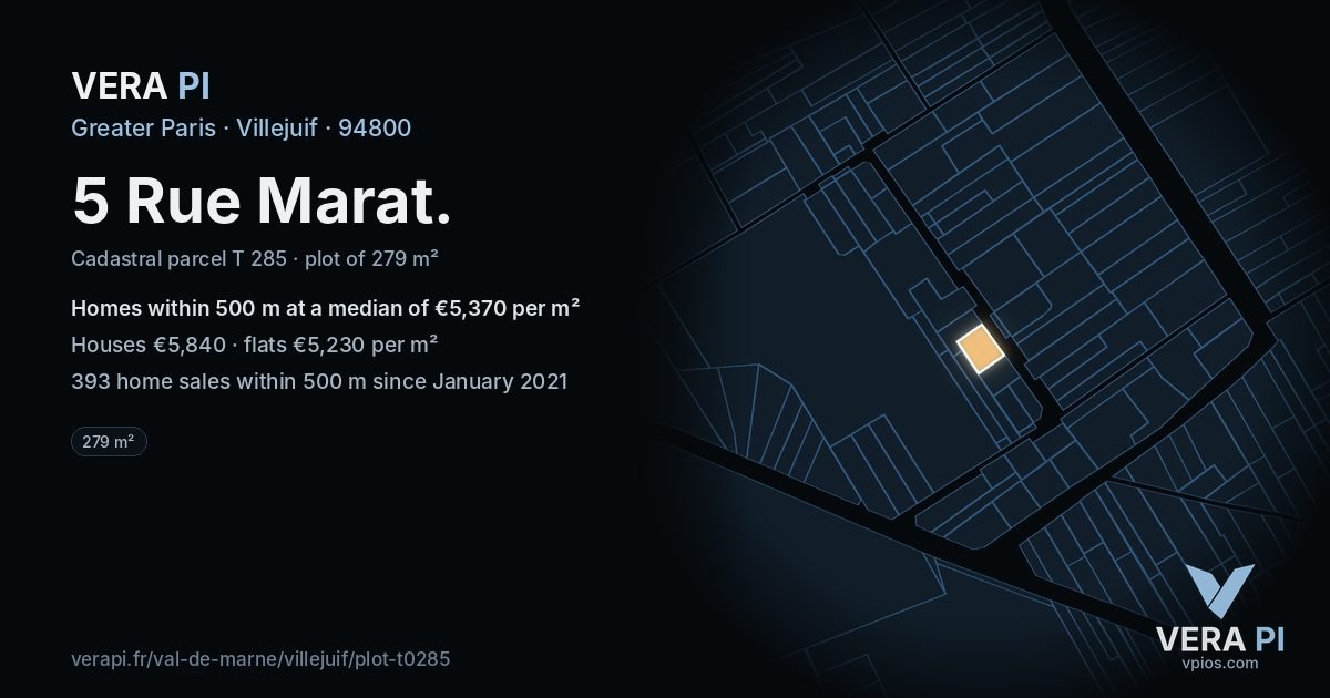 5 Rue Marat, Villejuif at night – the plot lit, the parcels around coloured by the prices near them
