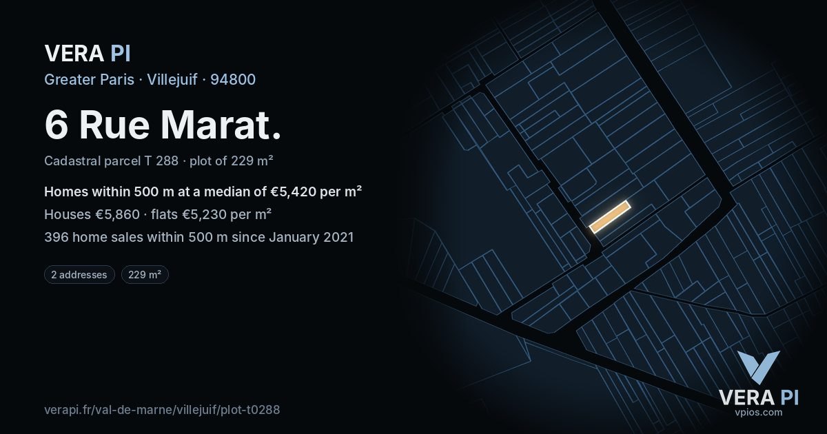 6 Rue Marat, Villejuif at night – the plot lit, the parcels around coloured by the prices near them