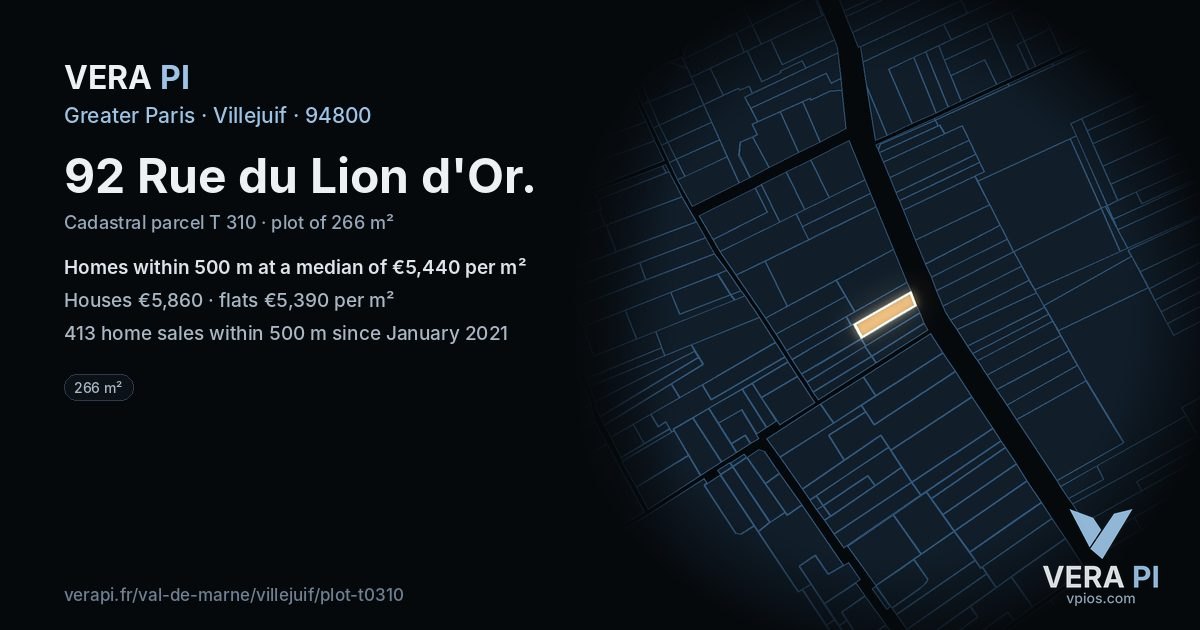 92 Rue du Lion d'Or, Villejuif at night – the plot lit, the parcels around coloured by the prices near them