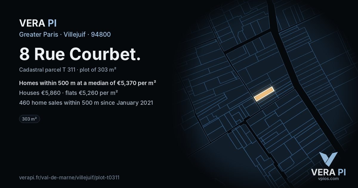 8 Rue Courbet, Villejuif at night – the plot lit, the parcels around coloured by the prices near them