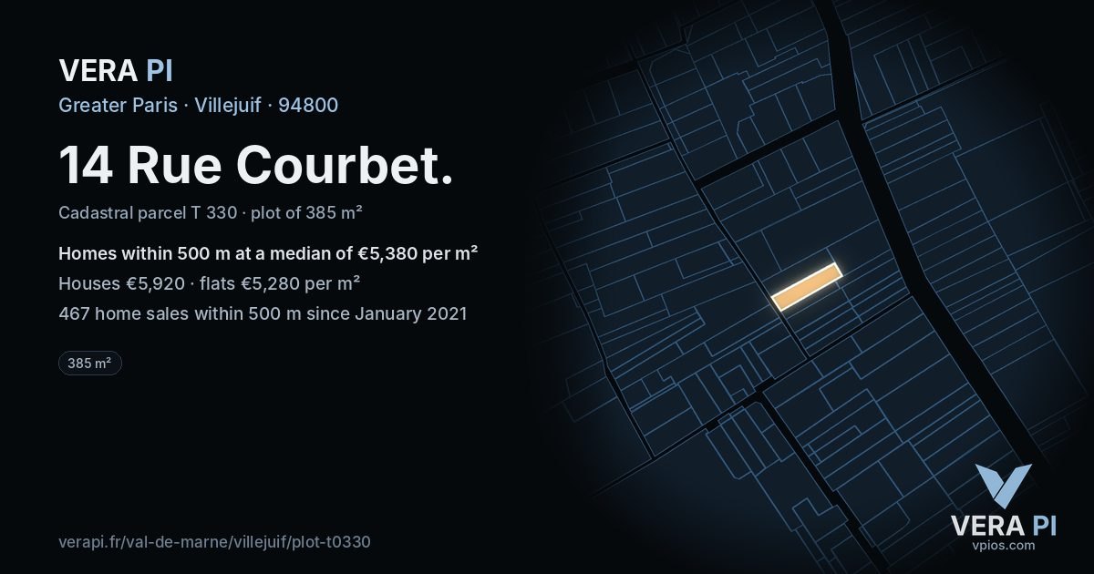 14 Rue Courbet, Villejuif at night – the plot lit, the parcels around coloured by the prices near them