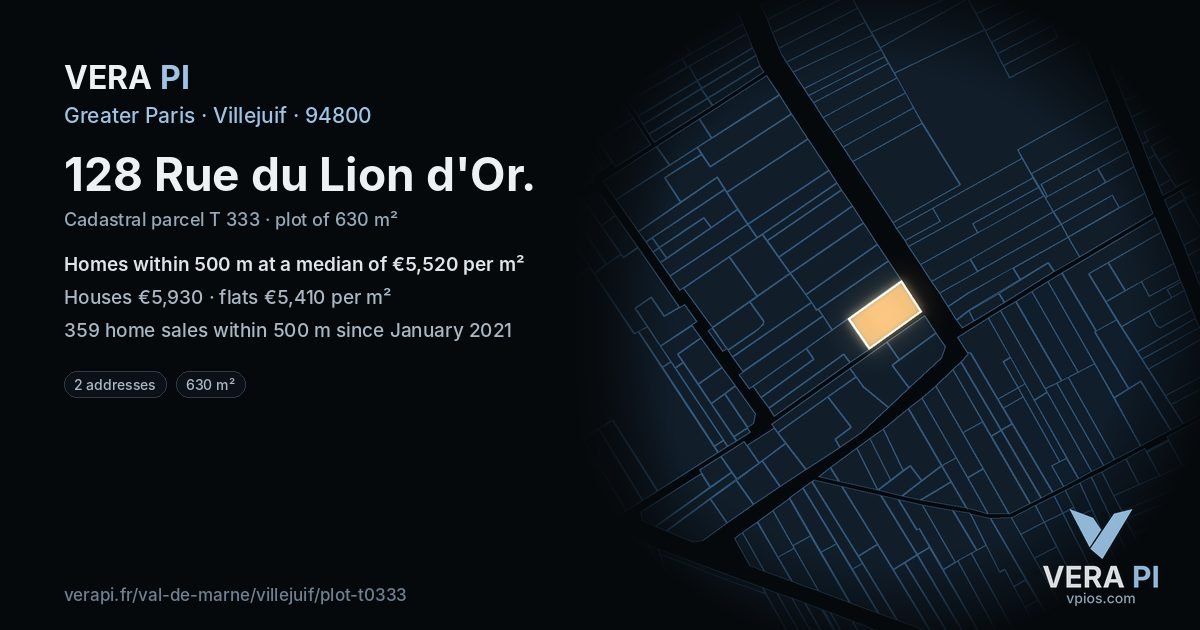 128 Rue du Lion d'Or, Villejuif at night – the plot lit, the parcels around coloured by the prices near them