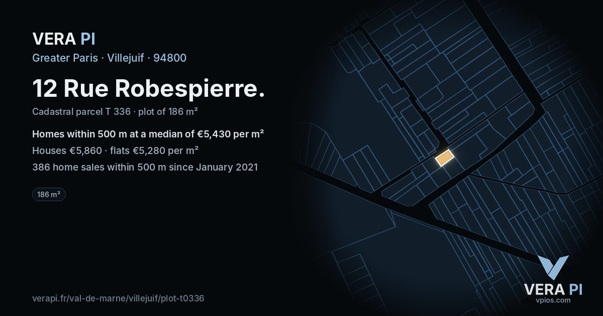 12 Rue Robespierre, Villejuif at night – the plot lit, the parcels around coloured by the prices near them
