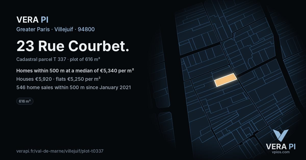 23 Rue Courbet, Villejuif at night – the plot lit, the parcels around coloured by the prices near them