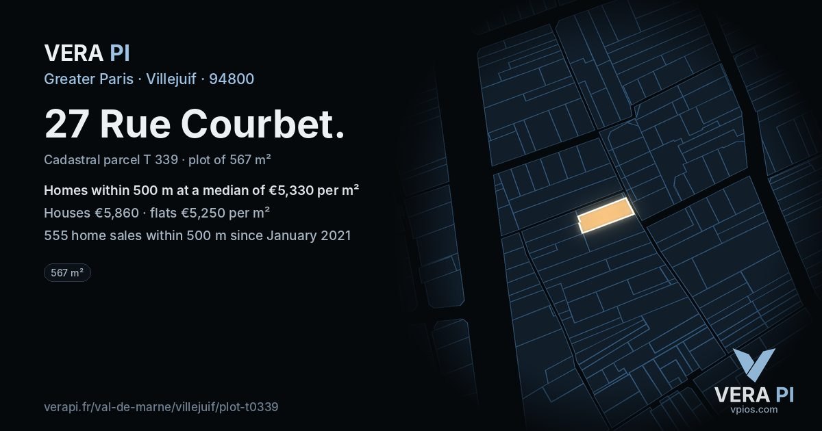 27 Rue Courbet, Villejuif at night – the plot lit, the parcels around coloured by the prices near them
