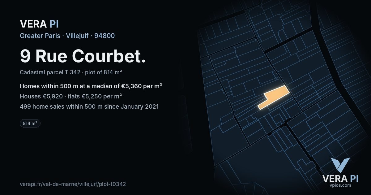 9 Rue Courbet, Villejuif at night – the plot lit, the parcels around coloured by the prices near them