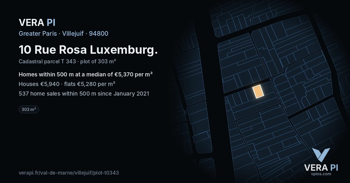 10 Rue Rosa Luxemburg, Villejuif at night – the plot lit, the parcels around coloured by the prices near them