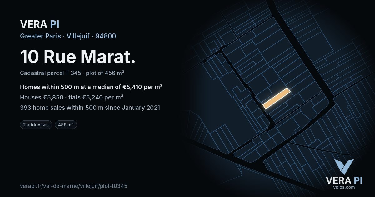 10 Rue Marat, Villejuif at night – the plot lit, the parcels around coloured by the prices near them