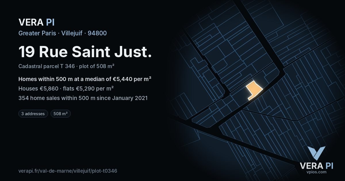19 Rue Saint Just, Villejuif at night – the plot lit, the parcels around coloured by the prices near them
