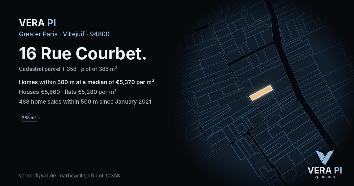 16 Rue Courbet, Villejuif at night – the plot lit, the parcels around coloured by the prices near them