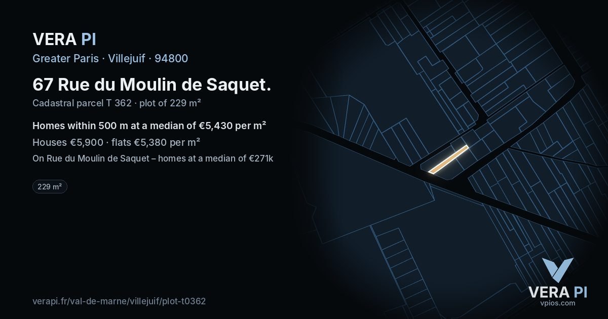 67 Rue du Moulin de Saquet, Villejuif at night – the plot lit, the parcels around coloured by the prices near them