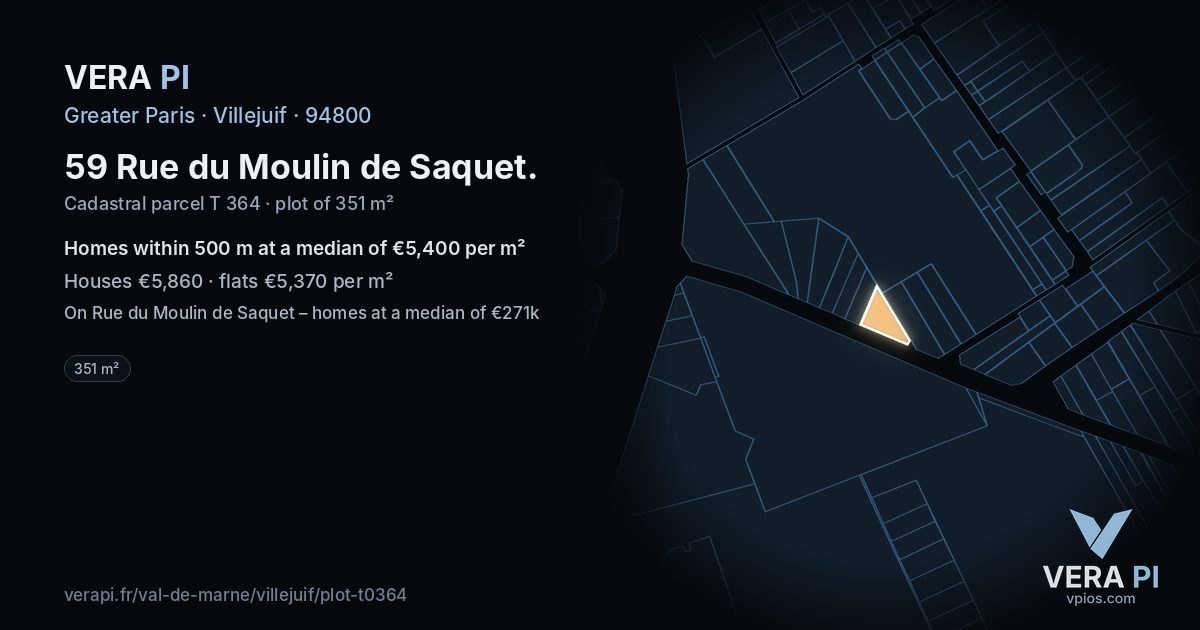 59 Rue du Moulin de Saquet, Villejuif at night – the plot lit, the parcels around coloured by the prices near them
