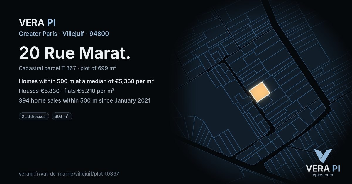 20 Rue Marat, Villejuif at night – the plot lit, the parcels around coloured by the prices near them