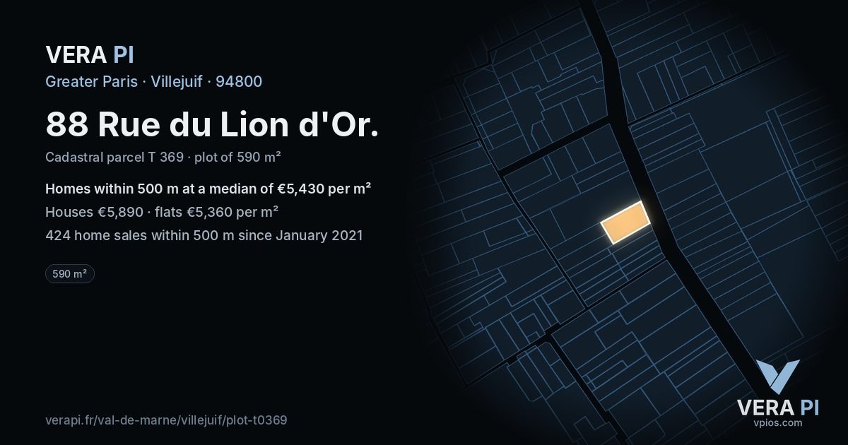 88 Rue du Lion d'Or, Villejuif at night – the plot lit, the parcels around coloured by the prices near them