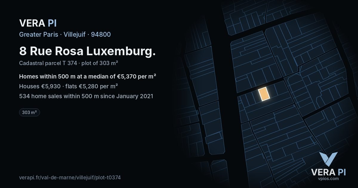 8 Rue Rosa Luxemburg, Villejuif at night – the plot lit, the parcels around coloured by the prices near them