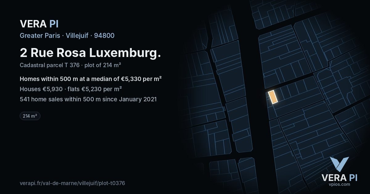 2 Rue Rosa Luxemburg, Villejuif at night – the plot lit, the parcels around coloured by the prices near them