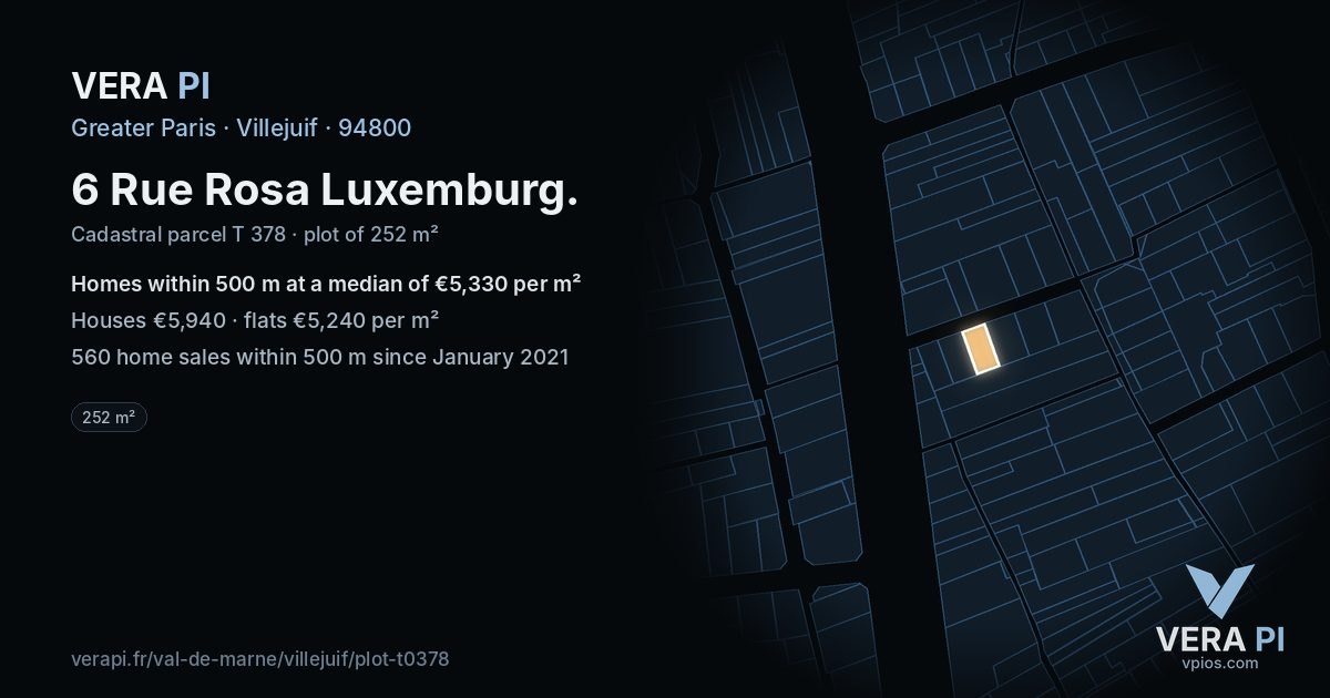 6 Rue Rosa Luxemburg, Villejuif at night – the plot lit, the parcels around coloured by the prices near them