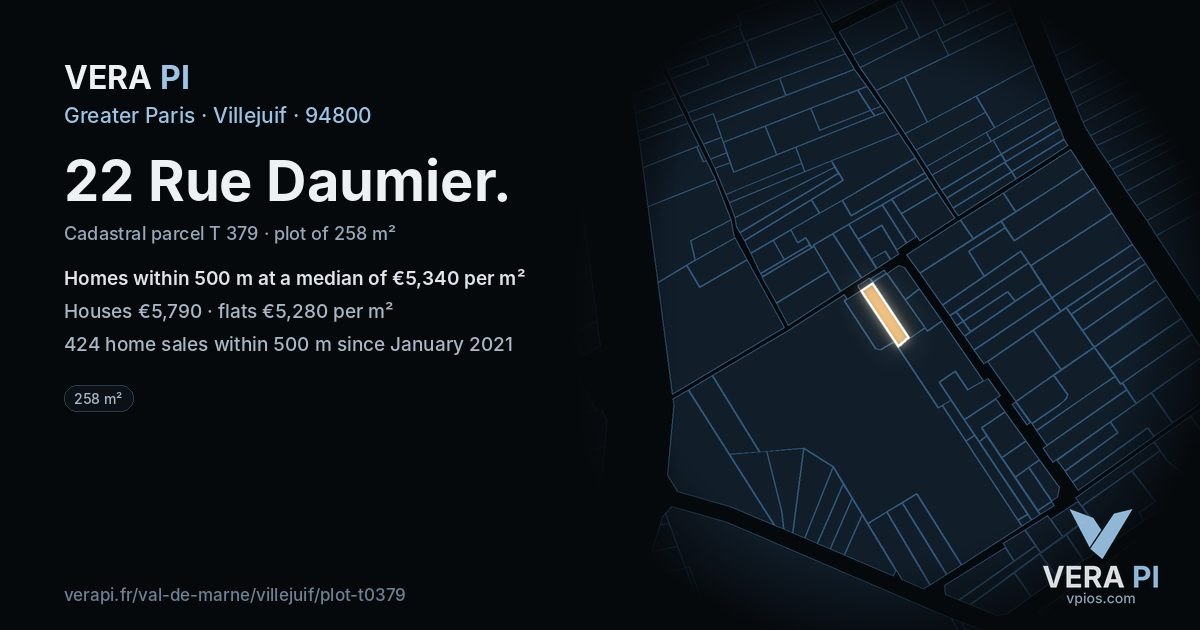 22 Rue Daumier, Villejuif at night – the plot lit, the parcels around coloured by the prices near them