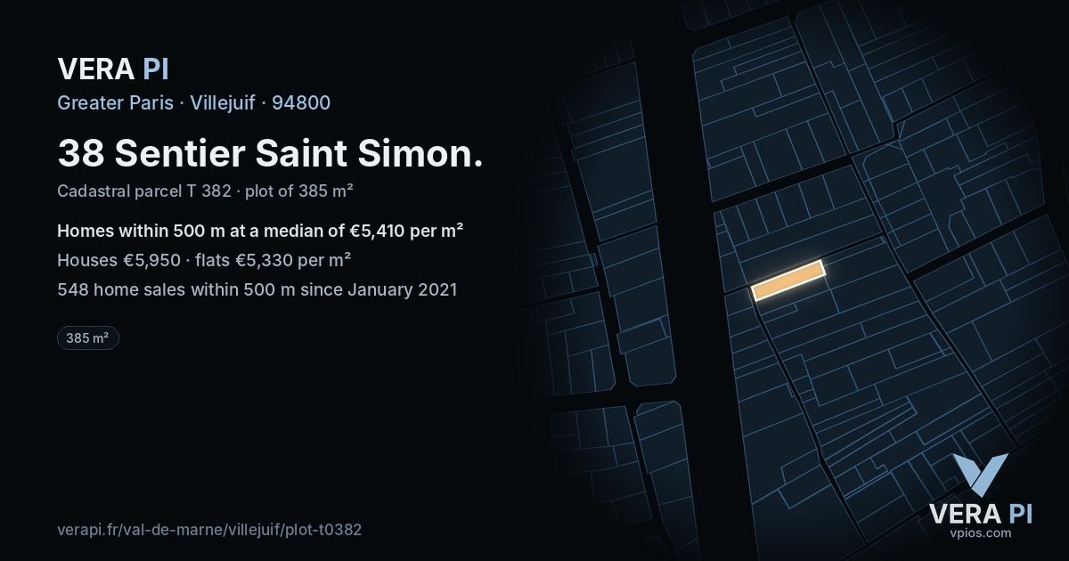 38 Sentier Saint Simon, Villejuif at night – the plot lit, the parcels around coloured by the prices near them