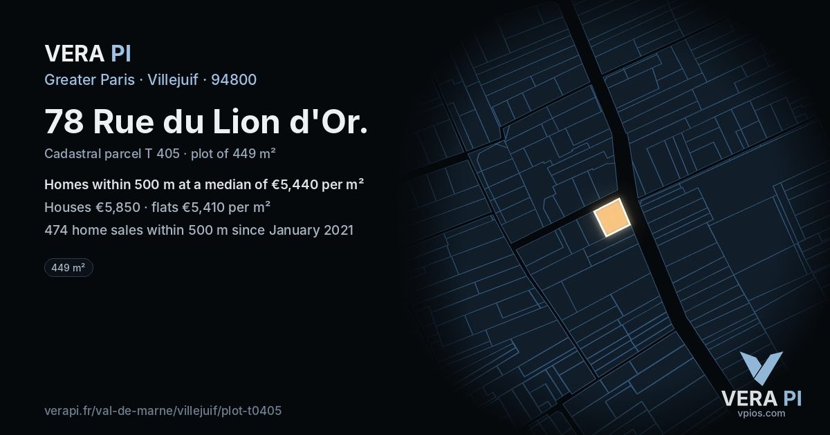78 Rue du Lion d'Or, Villejuif at night – the plot lit, the parcels around coloured by the prices near them