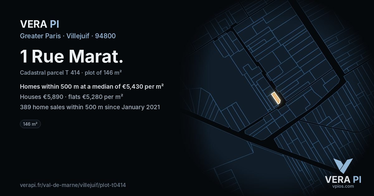 1 Rue Marat, Villejuif at night – the plot lit, the parcels around coloured by the prices near them
