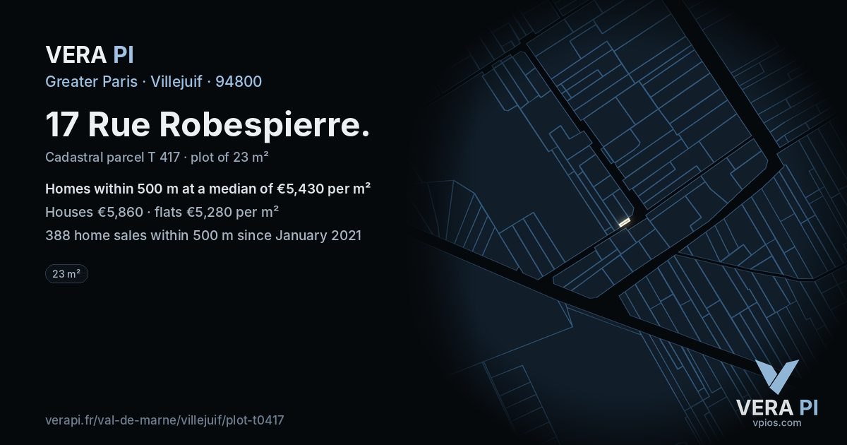 17 Rue Robespierre, Villejuif at night – the plot lit, the parcels around coloured by the prices near them
