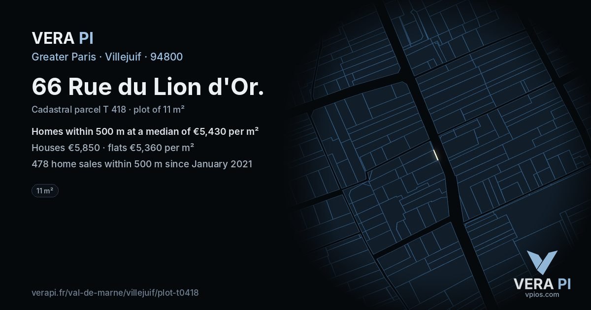 66 Rue du Lion d'Or, Villejuif at night – the plot lit, the parcels around coloured by the prices near them