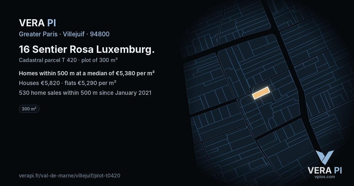 16 Sentier Rosa Luxemburg, Villejuif at night – the plot lit, the parcels around coloured by the prices near them