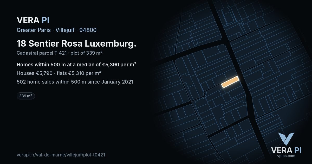 18 Sentier Rosa Luxemburg, Villejuif at night – the plot lit, the parcels around coloured by the prices near them