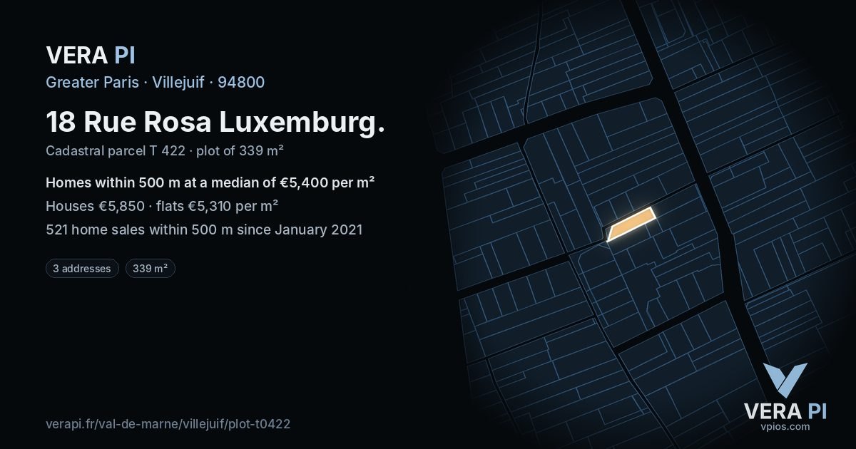 18 Rue Rosa Luxemburg, Villejuif at night – the plot lit, the parcels around coloured by the prices near them