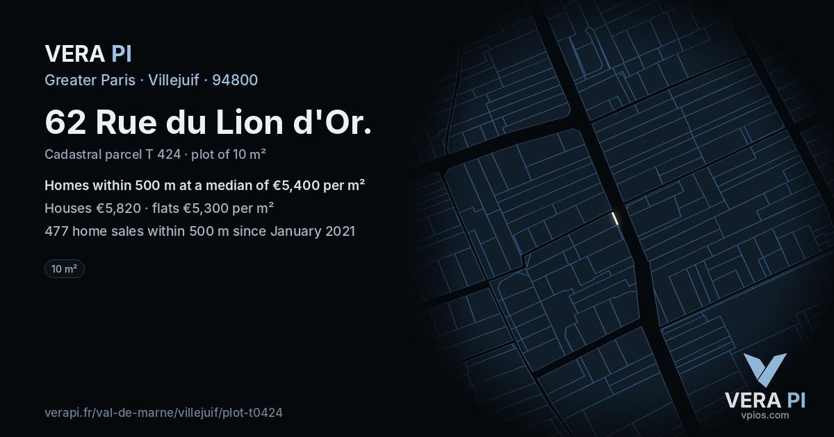 62 Rue du Lion d'Or, Villejuif at night – the plot lit, the parcels around coloured by the prices near them