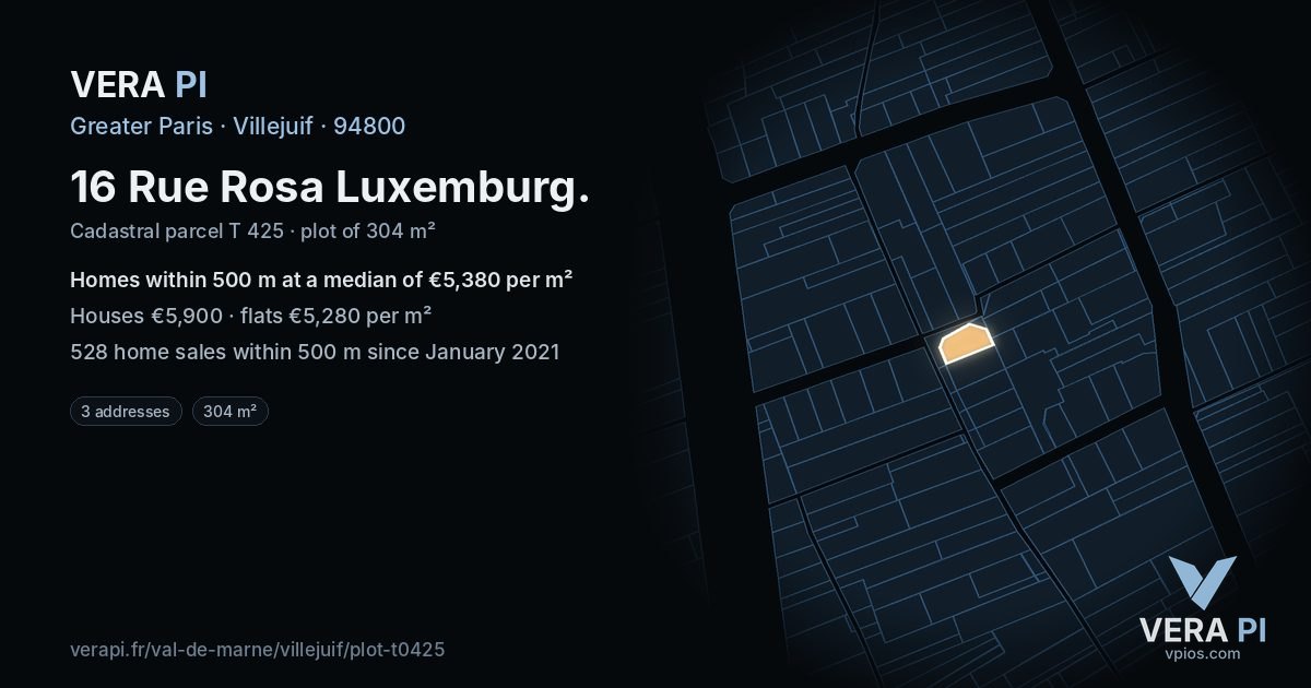 16 Rue Rosa Luxemburg, Villejuif at night – the plot lit, the parcels around coloured by the prices near them