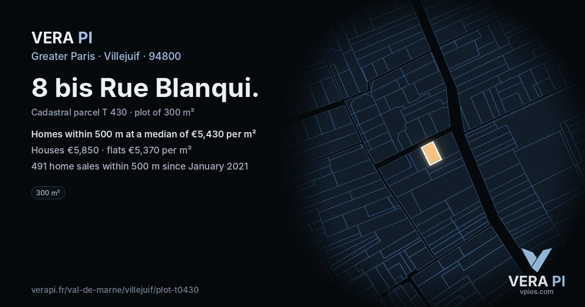 8 bis Rue Blanqui, Villejuif at night – the plot lit, the parcels around coloured by the prices near them