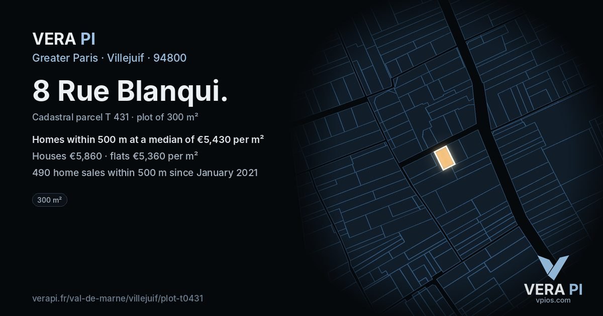 8 Rue Blanqui, Villejuif at night – the plot lit, the parcels around coloured by the prices near them