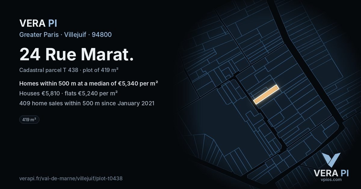 24 Rue Marat, Villejuif at night – the plot lit, the parcels around coloured by the prices near them