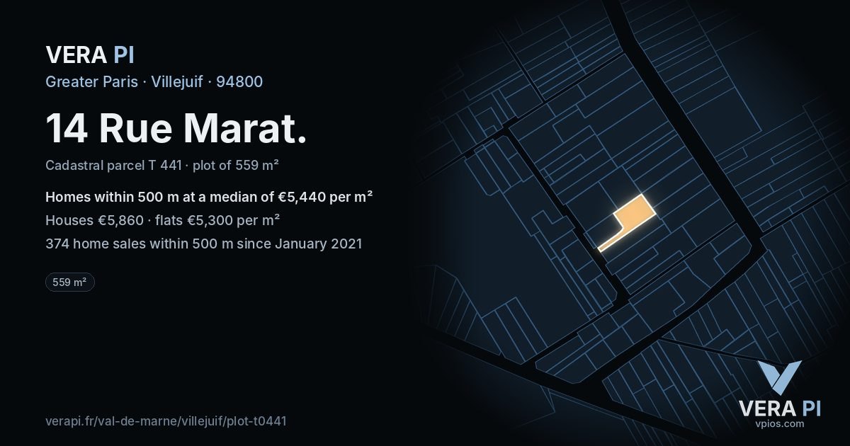 14 Rue Marat, Villejuif at night – the plot lit, the parcels around coloured by the prices near them