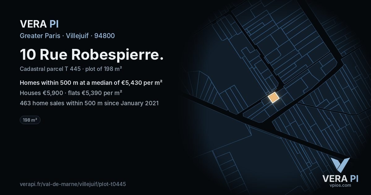 10 Rue Robespierre, Villejuif at night – the plot lit, the parcels around coloured by the prices near them