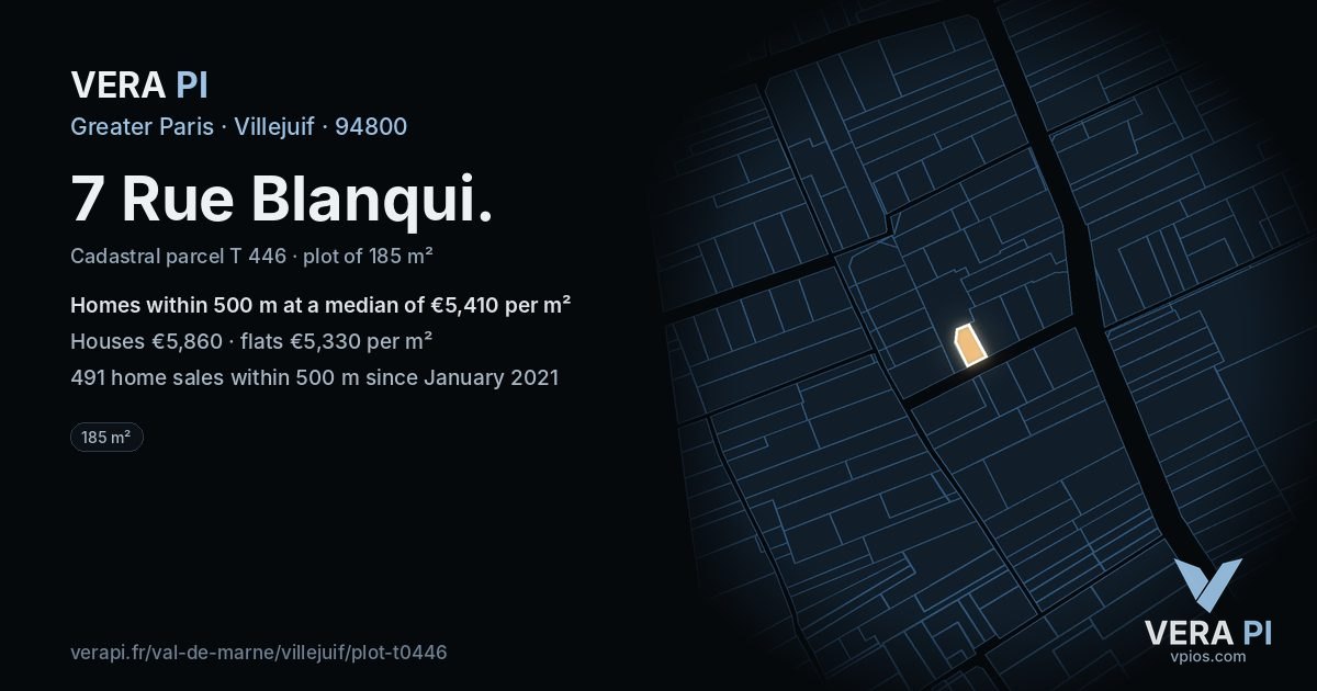 7 Rue Blanqui, Villejuif at night – the plot lit, the parcels around coloured by the prices near them