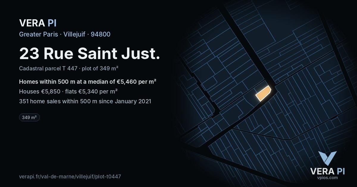 23 Rue Saint Just, Villejuif at night – the plot lit, the parcels around coloured by the prices near them