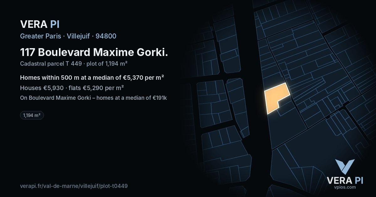 117 Boulevard Maxime Gorki, Villejuif at night – the plot lit, the parcels around coloured by the prices near them