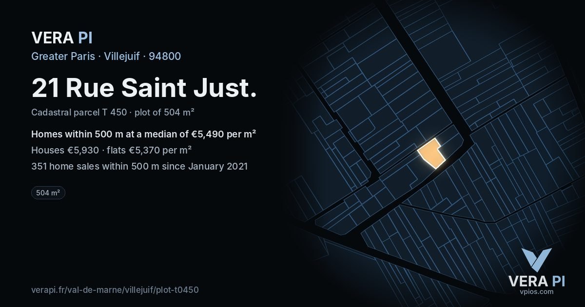 21 Rue Saint Just, Villejuif at night – the plot lit, the parcels around coloured by the prices near them