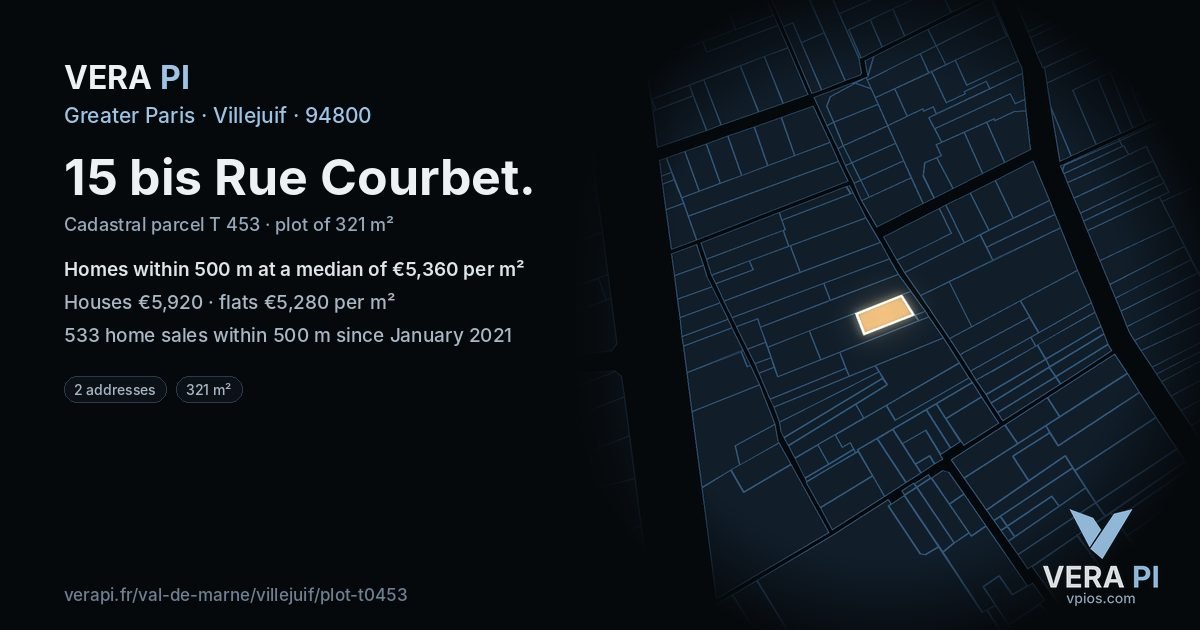15 bis Rue Courbet, Villejuif at night – the plot lit, the parcels around coloured by the prices near them