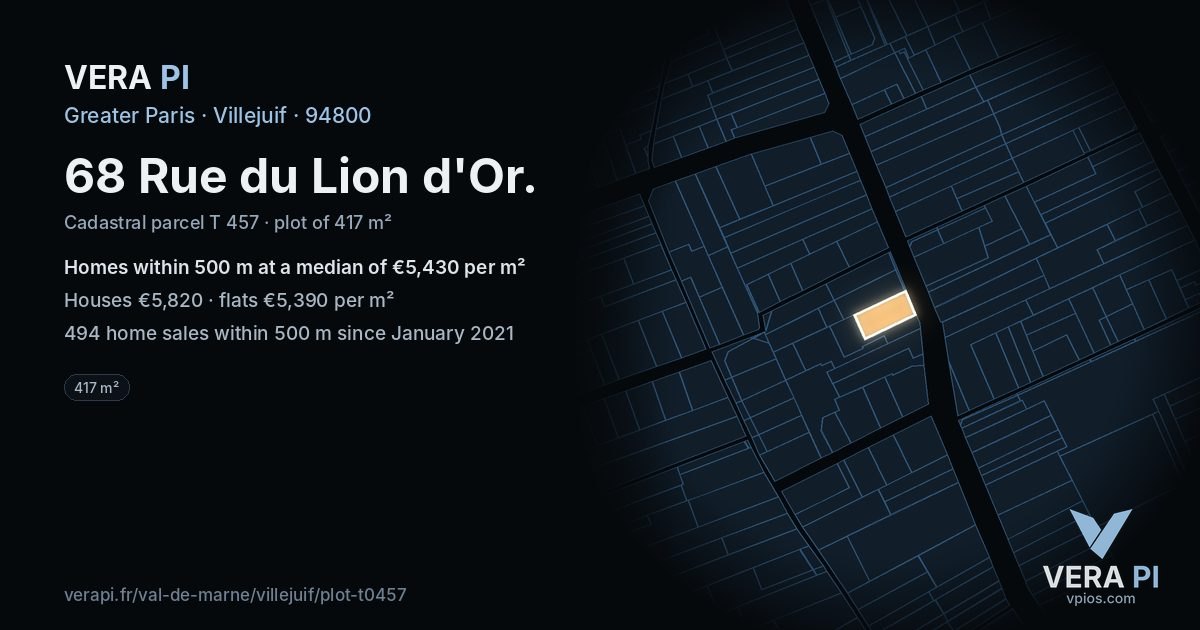 68 Rue du Lion d'Or, Villejuif at night – the plot lit, the parcels around coloured by the prices near them
