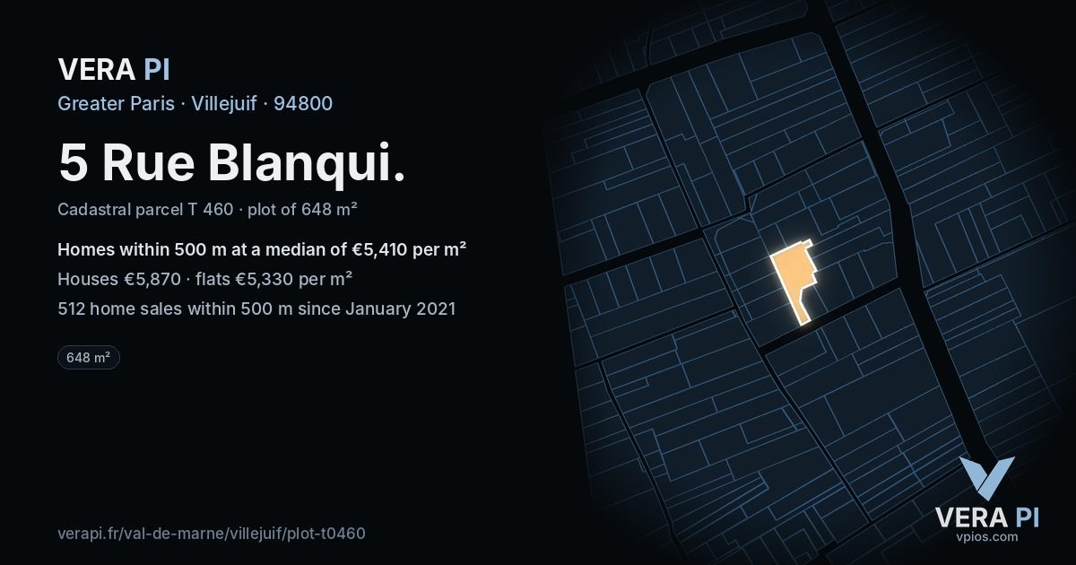 5 Rue Blanqui, Villejuif at night – the plot lit, the parcels around coloured by the prices near them