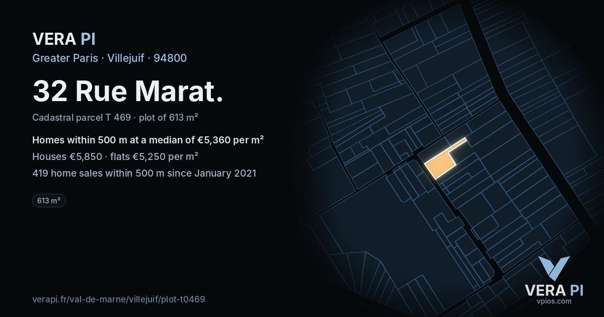 32 Rue Marat, Villejuif at night – the plot lit, the parcels around coloured by the prices near them